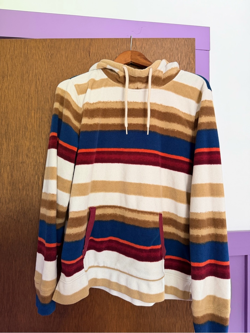 Hollister Striped Crewneck Hoodie in Cream, Tan, Blue & Red